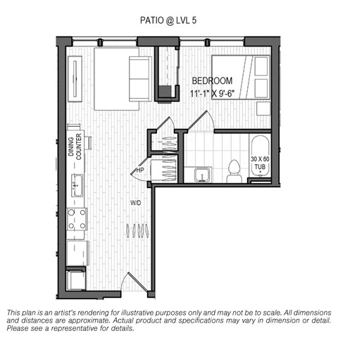 Floor plan for 1 bed, 1 bath, 506 sqft